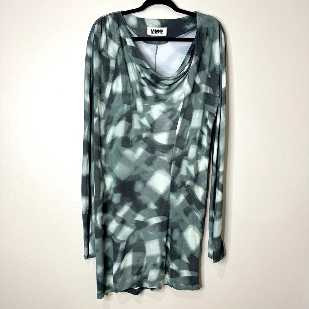 MM6 Maison Martin Margiela Abstract Cowl‎ Nexk Long Sleeve Green Gray Mini Dress